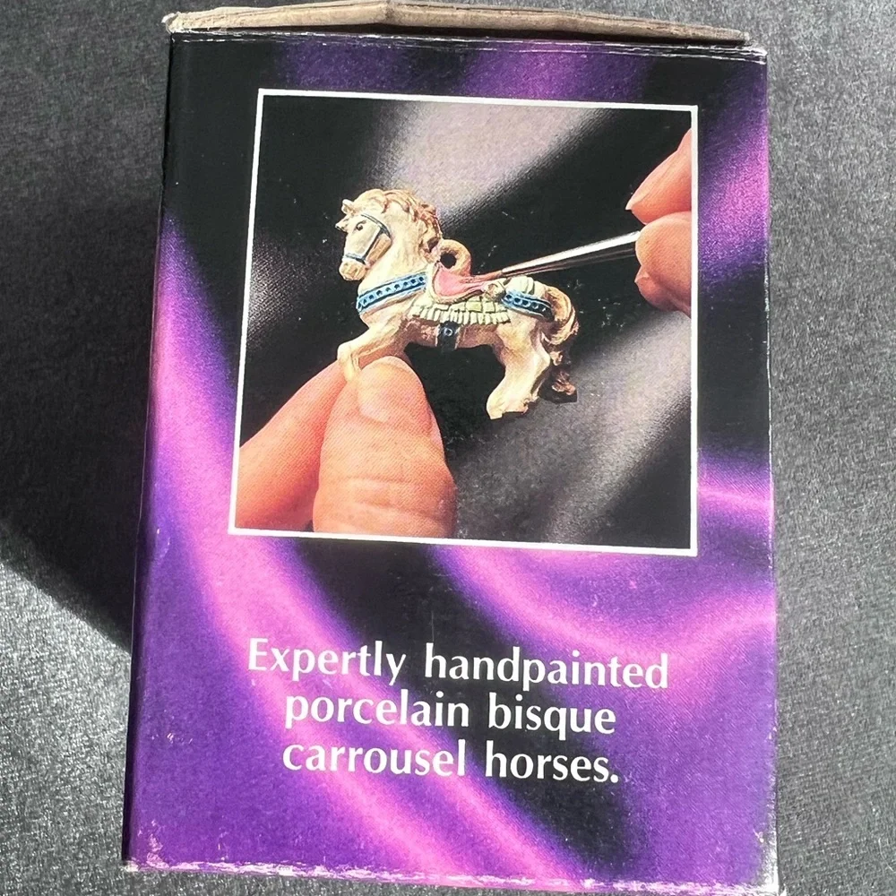 Vintage Carrousel Ornament Crystal Bell Porcelain Bisque Horses in box
